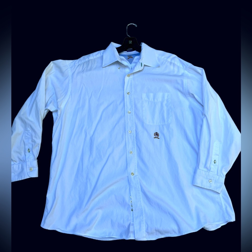 Vintage 90s Tommy Hilfiger Men Dress Shirt White Crest Logo Size 171/2-34 B&T